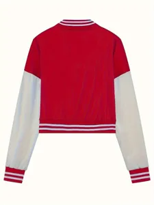 Red and white color block varsity jacket back detail, stylish short casual outerwear piece.
