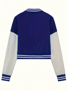 Women color-blocked bomber jacket back view, stylish casual sportswear outerwear.