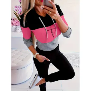 Ensemble sweat a capuche colorblock pour femme haut manches longues et pantalon de sport