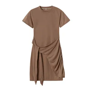 Brown short sleeve round neck pleated bow belt irregular dress for women fashion style