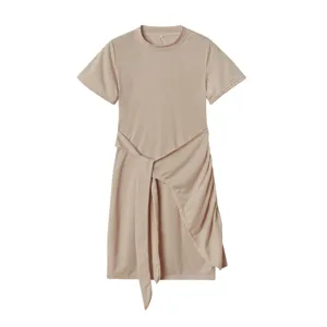 Khaki short sleeve round neck irregular dress with stylish waist tie and side gather detail.