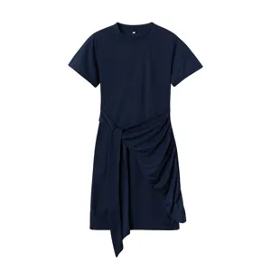 Navy blue short sleeve dress detail, featuring elegant waist tie and ruched asymmetric hem.