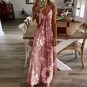 Summer floral maxi dress for women sexy V neck spaghetti strap long dresses casual pink holiday wear