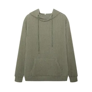 Close-up of olive green knitted ribbed hoodie, featuring drawstring hood and kangaroo pocket.