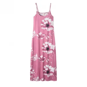 Close up detail of pink floral print maxi slip dress with thin straps and elegant summer style.