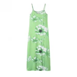 Summer green floral print spaghetti strap maxi dress sexy low-cut sleeveless long dress.