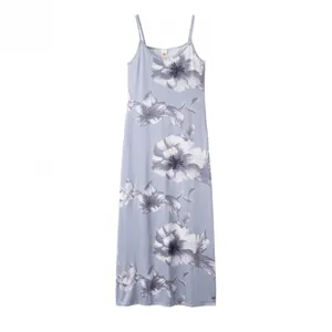 Grey floral print camisole maxi dress detail shot, featuring low-cut sexy summer style.