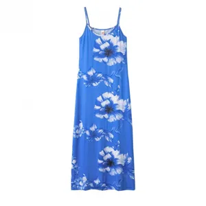 Blue floral print fabric detail, sleeveless strap design and elegant long hemline features.