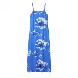 Blue floral print spaghetti strap maxi dress, summer sexy low-cut long dress for women.