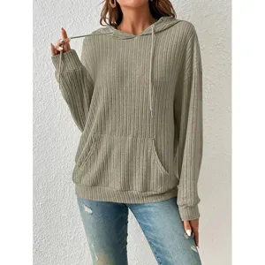 Women Casual Ribbed Knit Hoodie Long Sleeve Kangaroo Pocket Pullover Sweatshirt Autumn