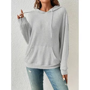 Women grey ribbed knit hoodie with kangaroo pocket and drawstring, casual autumn top.