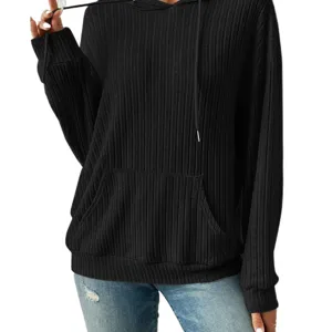 Main view of black ribbed knit hoodie with long sleeves and kangaroo pocket for women