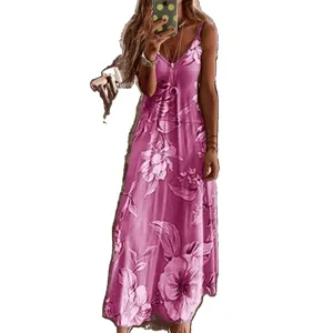 Women Sexy V-Neck Floral Print Spaghetti Strap Maxi Dress Summer Beach Long Dress