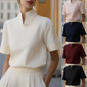 Chic short sleeve blouse with unique stand collar design, elegant commute style detail view.
