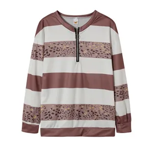 Damen V-Ausschnitt Gestreift Leopardenmuster Sweatshirt Langarm Lässiger Pullover Top