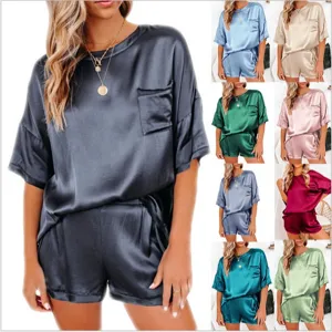Dames Satijn Zijde Pyjama Set Effen Kleur Korte Mouw Top And Bottom Met Borstzak Onregelmatige Zoom Loungewear Voor Dames