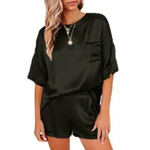 Satin korte mouw pyjama set loungewear voor dames effen kleur tweedelige nachtkleding