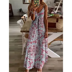 Damen Casual V-Ausschnitt Ärmellos Camisole Maxi Kleid Blumen Druck Locker Chiffon Langes Kleid Für Sommer Urlaub Streetstyle Damen Kleidung