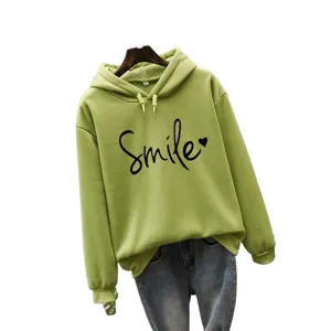 Green hoodie for women casual long sleeve hooded sweatshirt with cute smile print top.