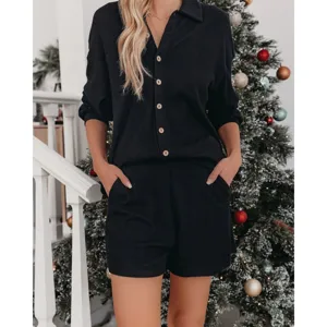 Conjunto de loungewear mujer casual liso acanalado botón solapa manga larga top y pantalones cortos