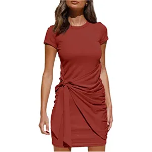 Women ruched short sleeve crew neck mini dress with side knot tie, casual summer party wear.