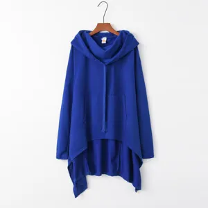 Solid color long hooded sweatshirt for women, casual oversized hoodie with front pocket.