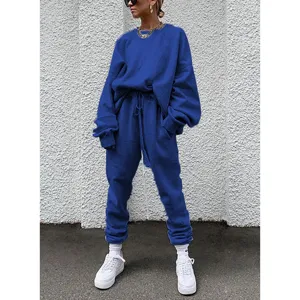 Solid color long sleeve sweatshirt and sweatpants casual lounge set for women daily wear