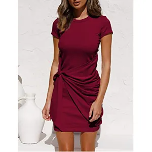 Women wine red short sleeve round neck ruched irregular mini dress with knot belt.