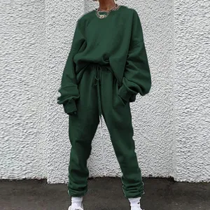 Dark green oversized crewneck sweatshirt and matching sweatpants casual tracksuit set