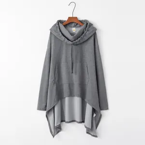 Grey solid color long hooded sweatshirt with asymmetric hem and pocket for autumn winter daily wear.