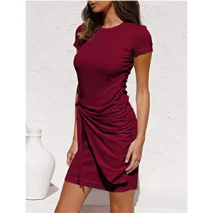 Close-up detail showing the elegant burgundy short sleeve dress with stylish side knot accent.