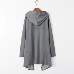 Grey long sleeve hooded sweatshirt detail shot showing back design and soft fabric texture.