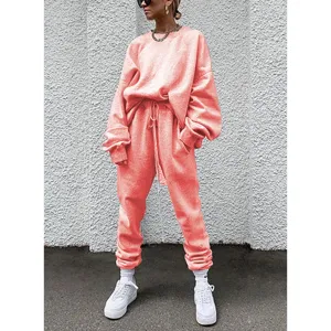Casual solid color long sleeve sweatshirt and sweatpants loose tracksuit set for daily wear.
