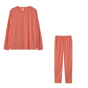 Women solid color long sleeve casual top and trousers lounge set for autumn daily wear.