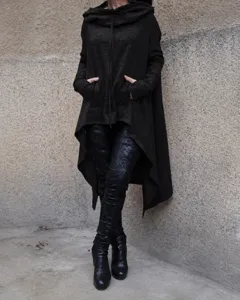 Women's Autumn Winter Long Hooded Sweatshirt Solid Color Asymmetrical Pullover Tops