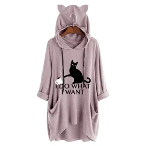 Cute cat ear hoodie for women, loose long sleeve pullover sweatshirt with funny graphic print.