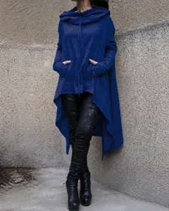 Women solid color long hooded sweatshirt casual long sleeve asymmetric hem pullover top