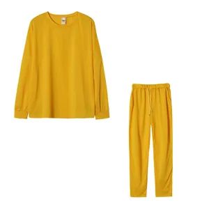 Solid yellow long sleeve top and pants lounge set, casual comfortable autumn homewear.
