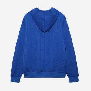 Detailed back view of the blue jacquard long sleeve hooded sweatshirt, casual loose fit.