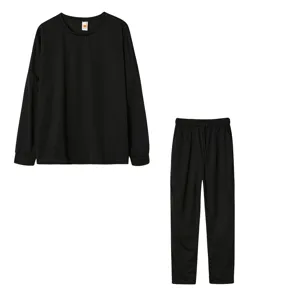 Black long sleeve casual top and pants loungewear set, comfortable solid color daily outfit.