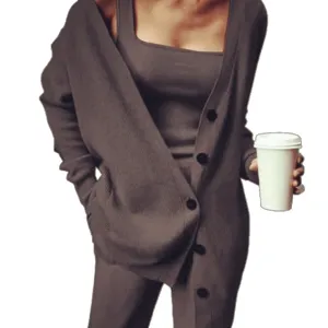 Women knitted 3-piece set cardigan tank top trousers autumn winter casual outfit fashion