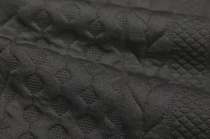 Detailed close-up shot of black knitted fabric with classic monogram jacquard pattern texture.