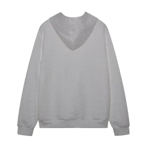 White jacquard hooded sweatshirt for women, casual long sleeve loose hoodie with textured knit.