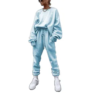 Women's casual long sleeve sweatshirt and sweatpants tracksuit set in light blue.