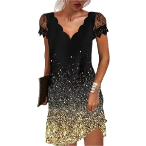 Robe Femme Élégante Col V Dentelle Manches Courtes Imprimé Dégradé Été Casual Courte