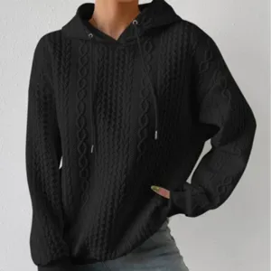 Women Plus Size Hooded Jacquard Knit Hoodie Long Sleeve Loose Pullover Streetwear Casual Top For Autumn
