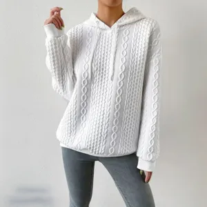 Women white cable knit hoodie long sleeve casual drawstring hooded sweatshirt top