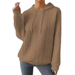 Women casual solid color cable knit long sleeve hooded sweatshirt pullover loose top khaki
