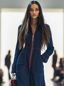 Detail shot of a dark blue denim jumpsuit featuring contrast red stitching and front zip.