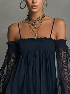 Vestido largo azul oscuro sin hombros tirantes finos mangas de encaje estilo sexy chic